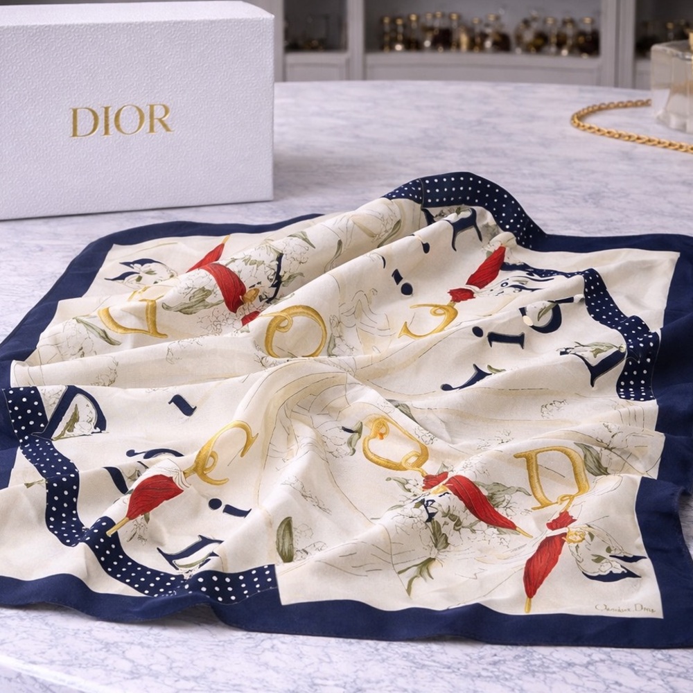 Christian Dior Printed Scarf – Navy, Ivory & Red